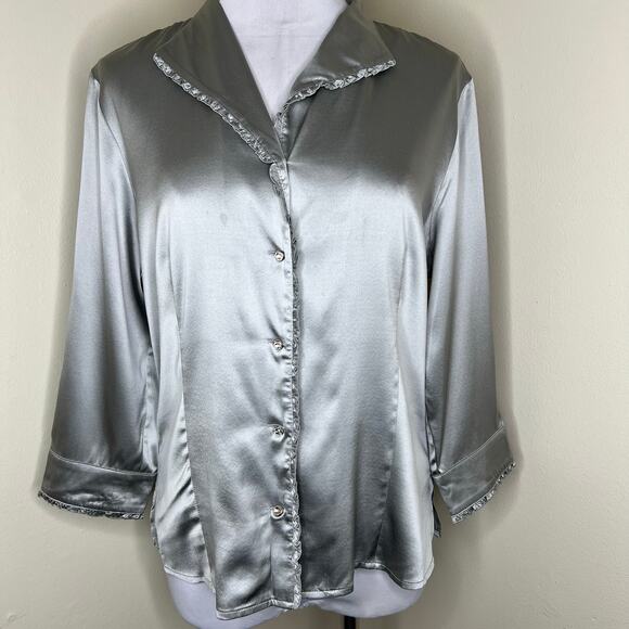 Doncaster Tops - Doncaster Collection 100% Silk Top 12 Gray Silver Rhinestone Ruffle Satin Work